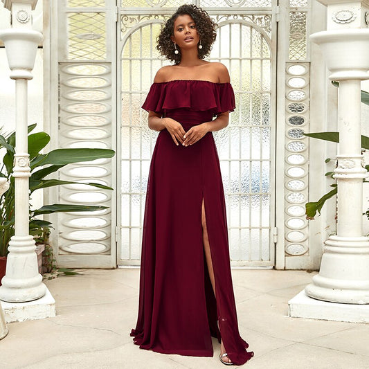 Off the Shoulder Ruffle Bodice Long Flowy Chiffon Bridesmaid Dress image 0