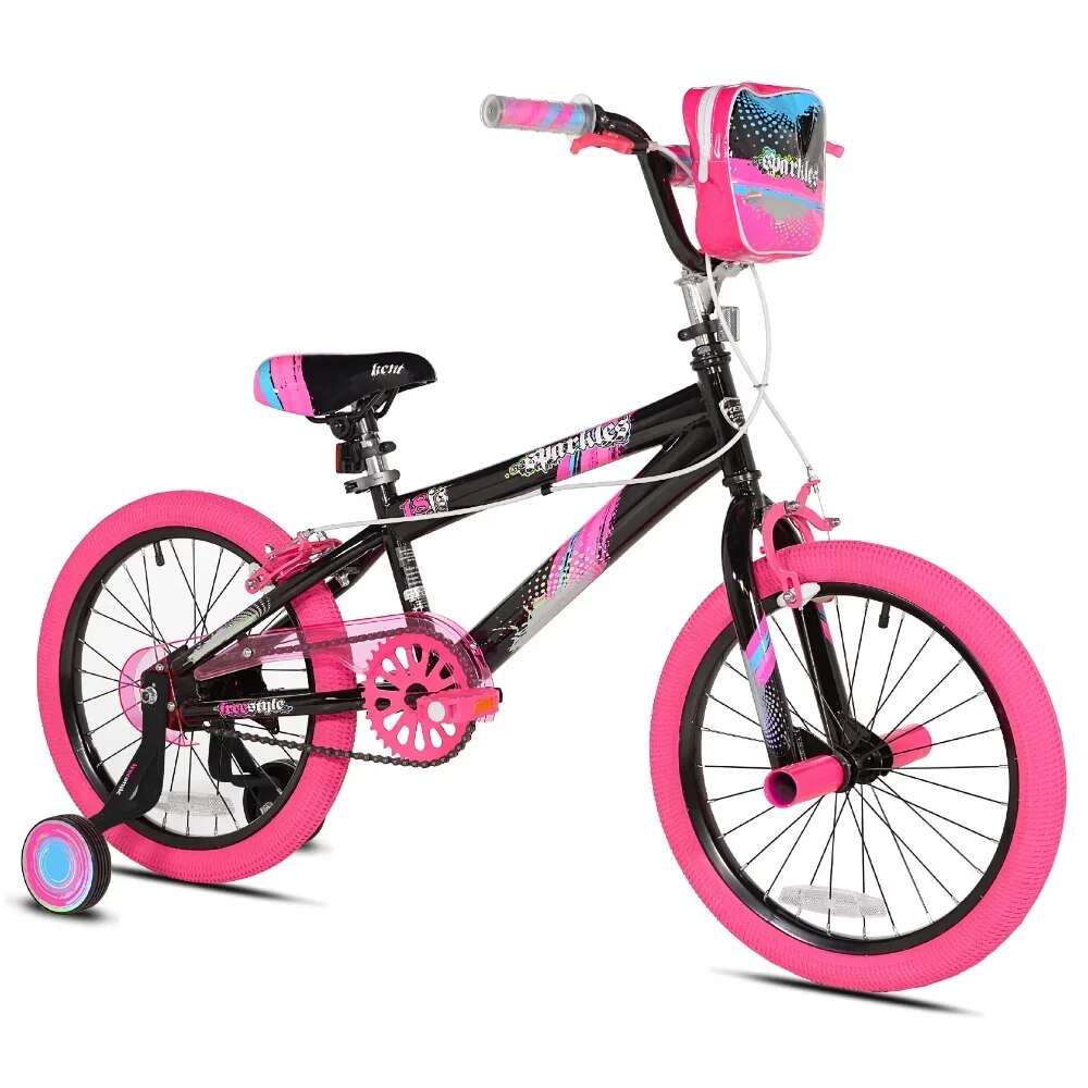 18 Inch Girl's Sparkles Bicycle, Black and Pink Adjustable Training Whe
