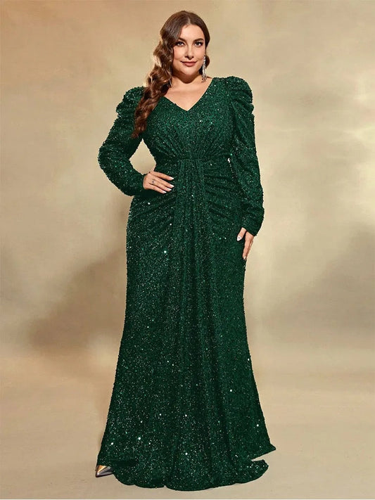 Plus Size V Neck Long Sleeve Wedding Banquet Sequined Multicolor Long Dress 4XL