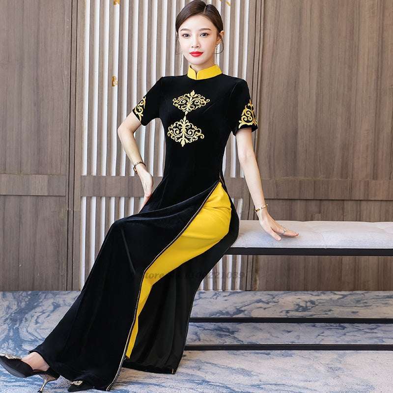 2024 woman aodai vietnam traditional vietnam velvet dress+pants set flower embr