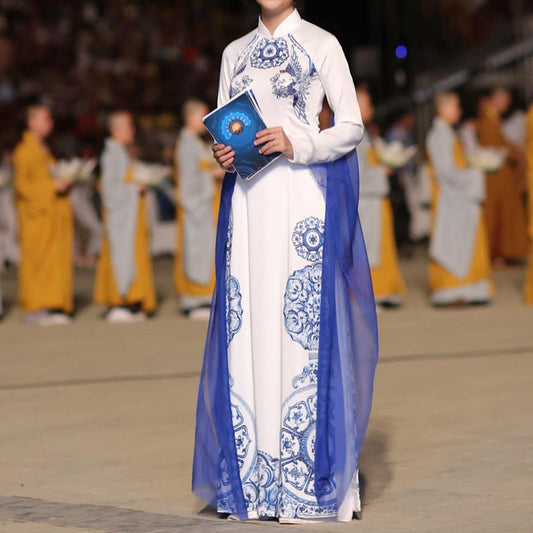 Customized Blue And White Porcelain Women Aodai Vetnam Clothing Long Cheongsam