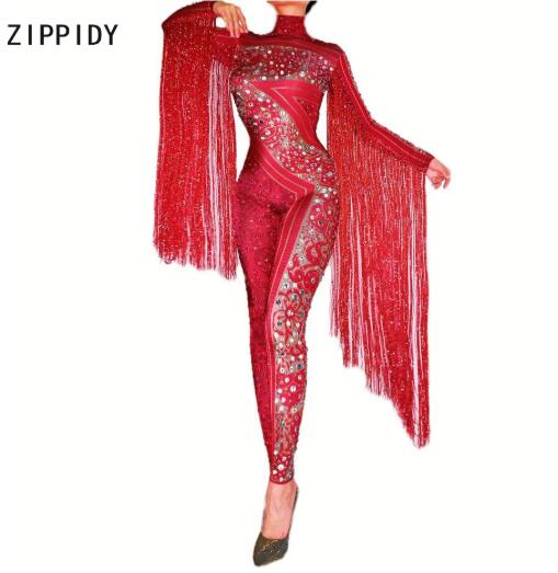 Red Fringes Rhinestones Jumpsuit Stage Bodysuit Celebrate Dance Tassel Costume