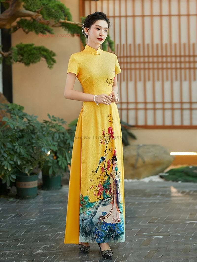 2024 vietnamese aodai improved cheongsam dress qipao national flower print qipa