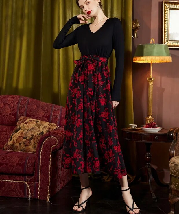 2023 Flroal Patchwork Long Sleeve Dresses for Women Bohemian Beach