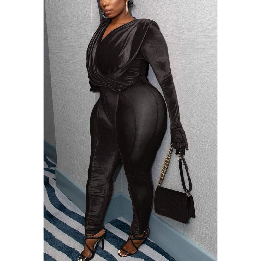Plus Size See Through Net Velvet Jumpsuits (No Gloves)