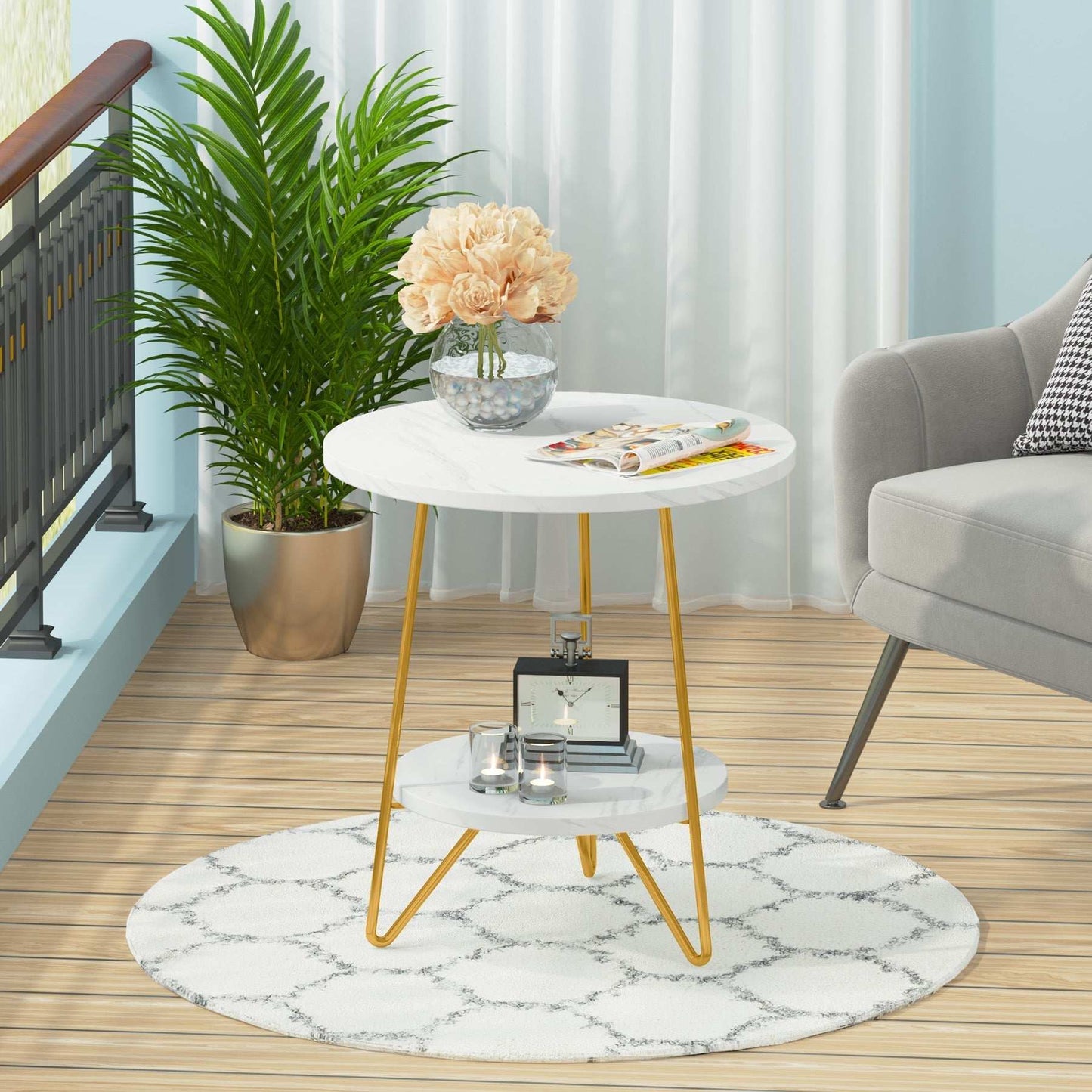 Tribesigns Faux Marble End Table, 2 Tier Round Side Table With Shelves, Modern