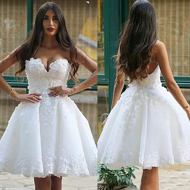 2022 New Charming White A Line Wedding Dresses for Bride Short Sweetheart Flora