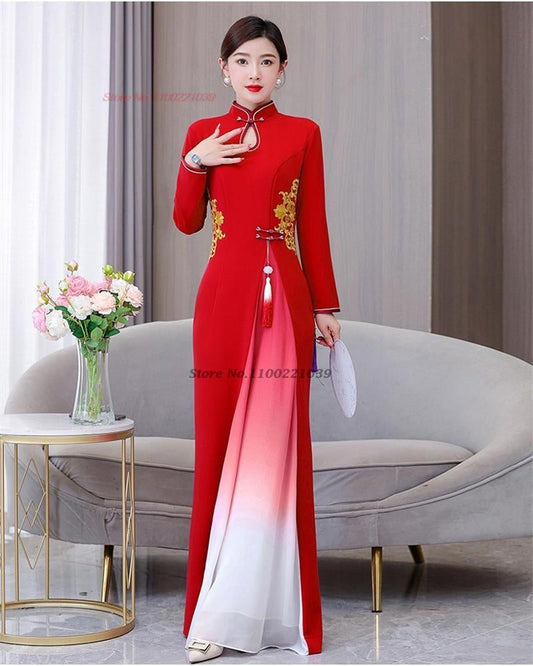 2024 vietnam traditional dress aodai chinese improved qipao national flower emb