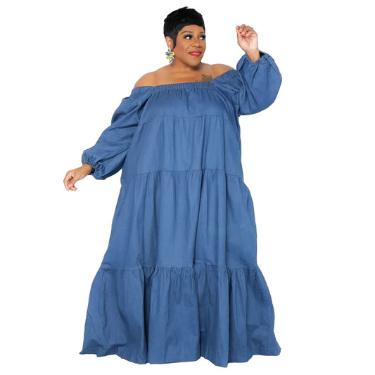 Plus Size Autumn Winter Soft Denim Woman Maxi Dress Slash Neck Full Sleeves Ruf