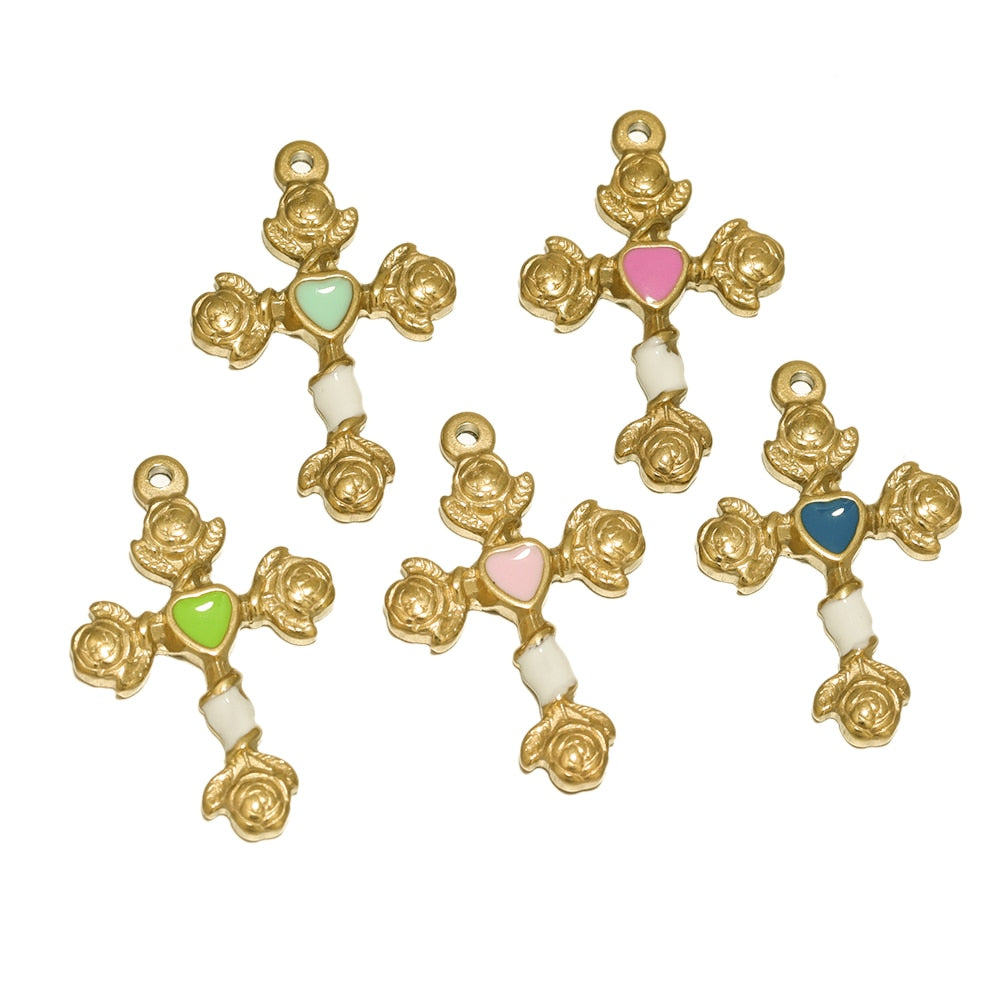 5pcs Stainless Steel Gold Color Plated Enamel Flower Cross Charms Findings Wome image 10