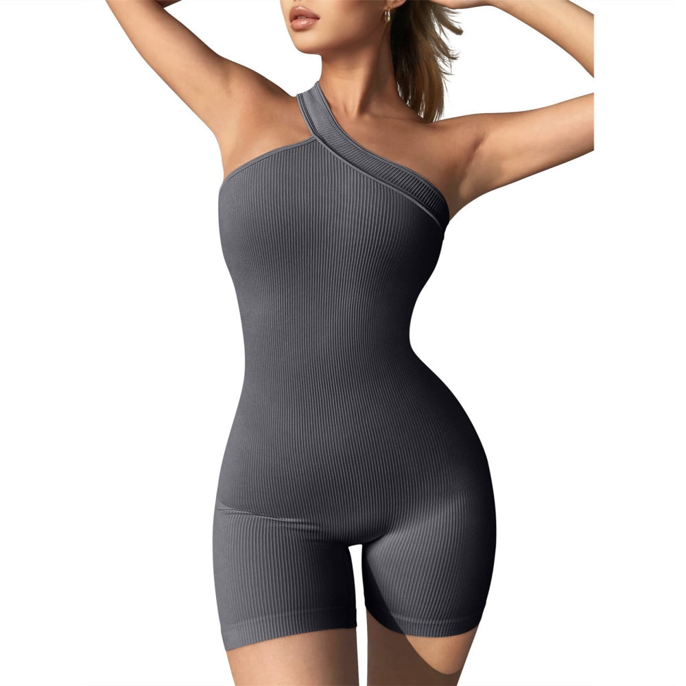 Women's One-Piece Yoga Fitness Shorts Jumpsuit Fashion One Shoulder Solid Ribbe