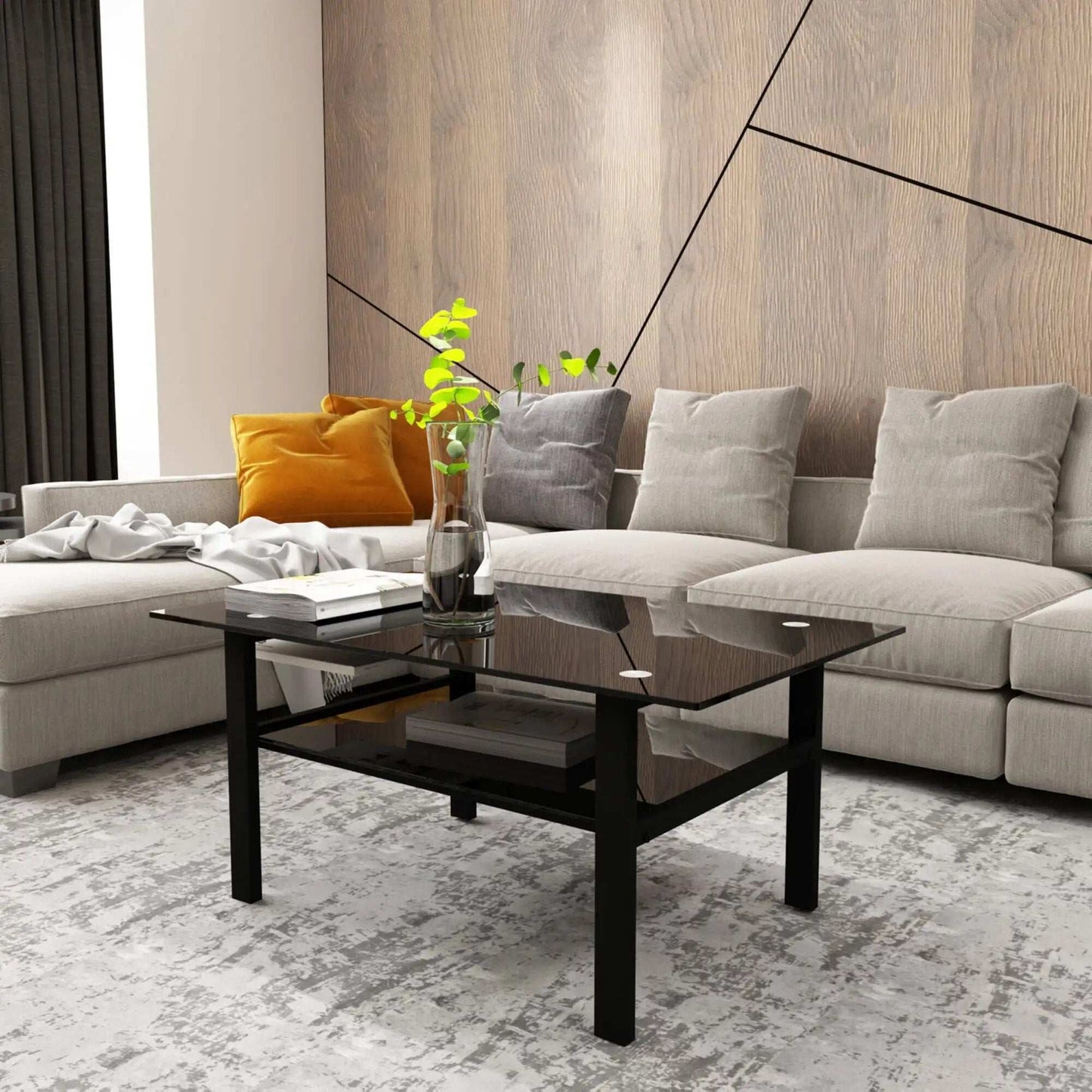 Rectangle Tempered Glass Coffee Table Metal Tube Legs End Table For Living Room
