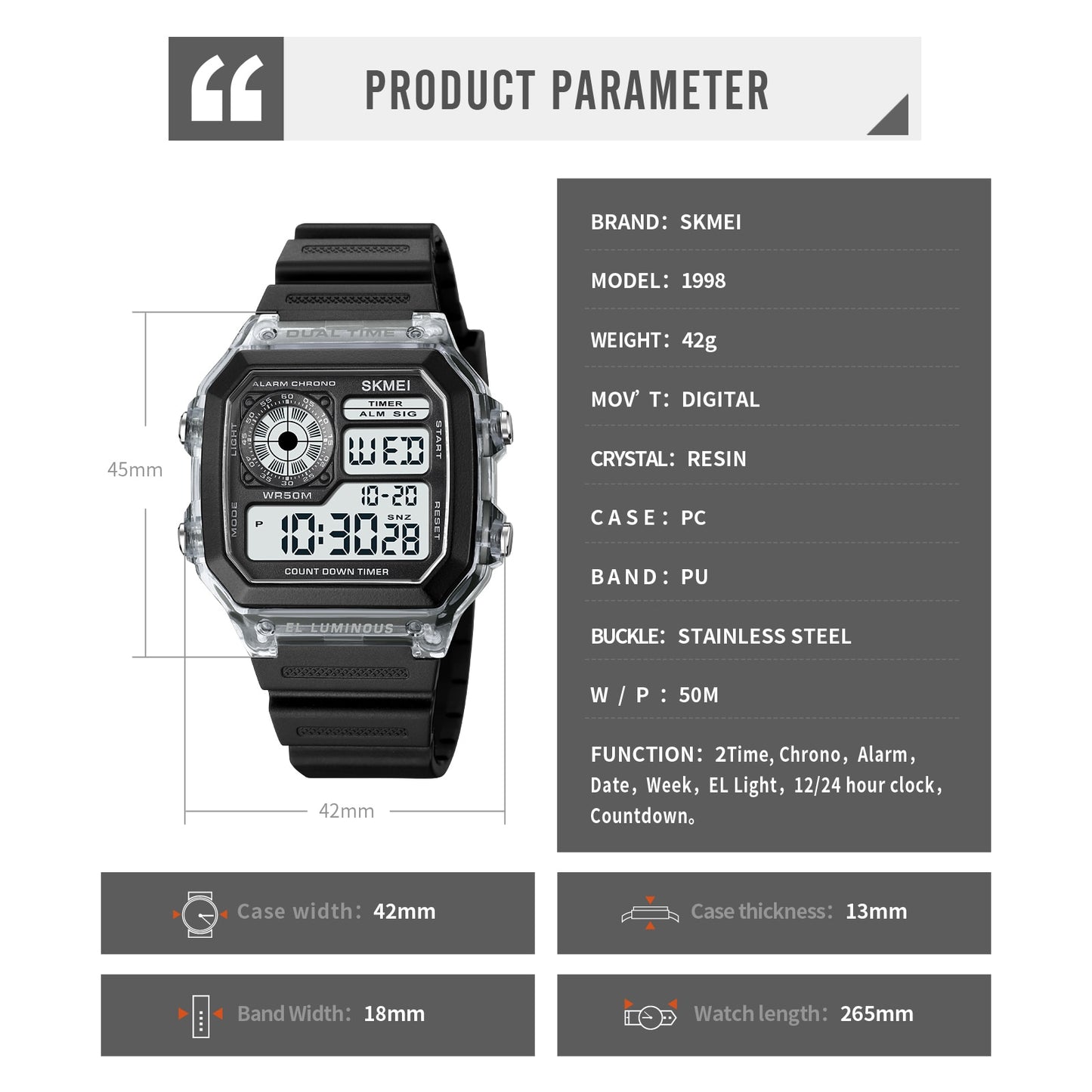 SKMEI Japan Digital Movement Countdown Sport Watches Mens Multifunction 5Bar Wa image 7