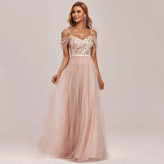 Ever-Pretty Cold Shoulder Sequin Bodice Long Tulle Bridesmaid Dress image 0