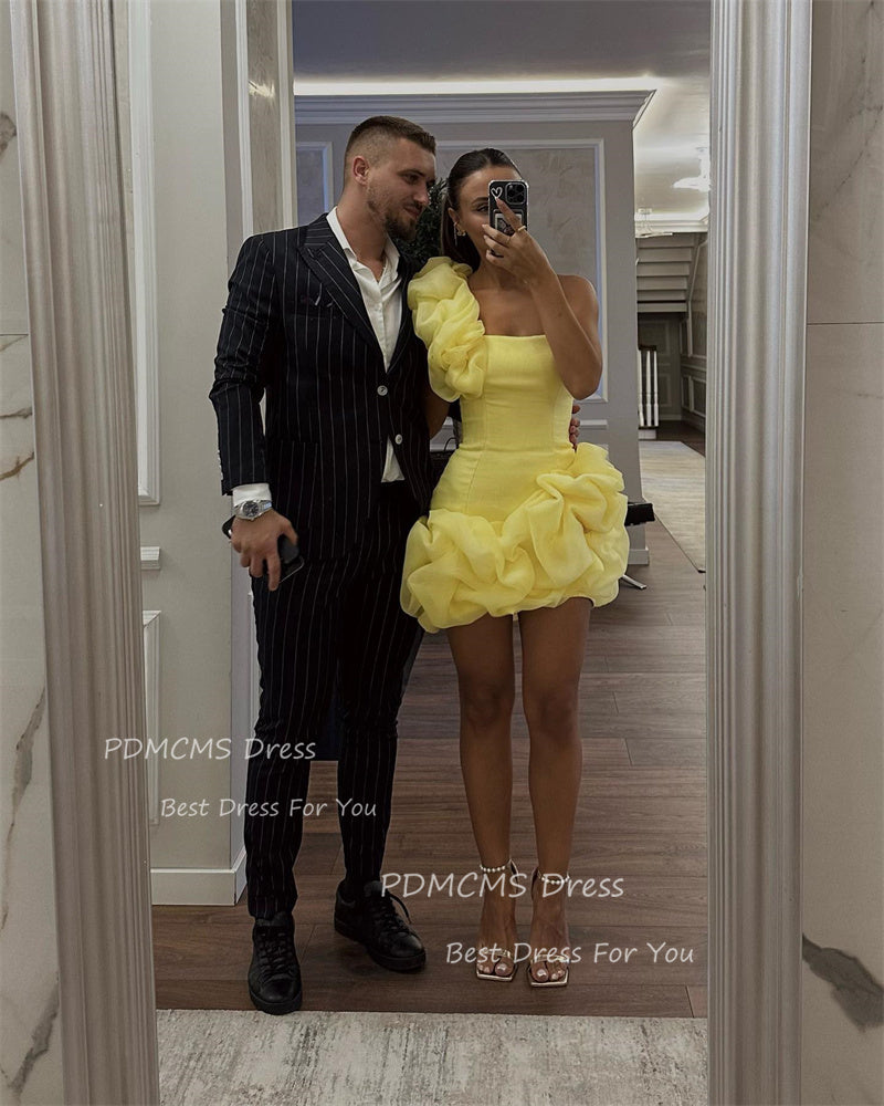 Modern One Shoulder Yellow Short Cocktail Dresses Mermaid Birthday Party Dress image 2