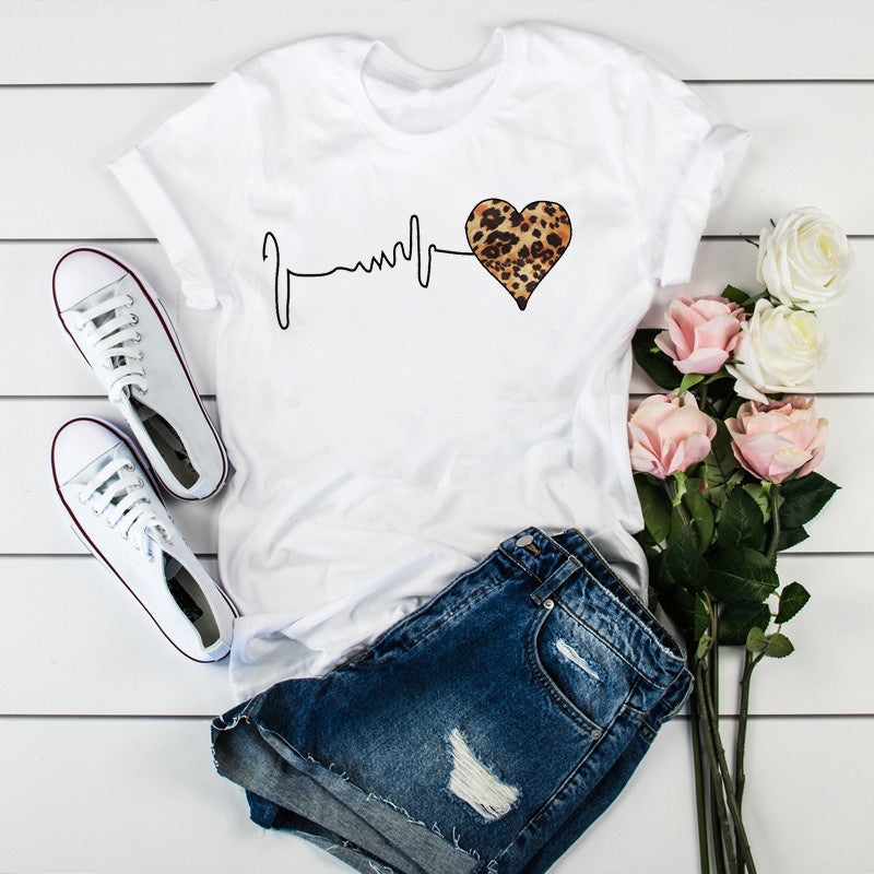 Summer New 90 's Leopard Heartbeat Short Sleeve Print Clothing Women's T-Shirt image 3
