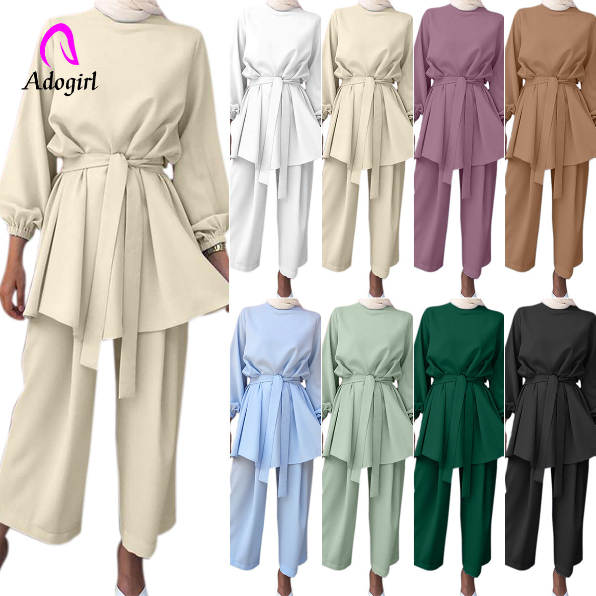Muslim Women Arab 2 Piece Set Fashion Long Sleeve Tops + Wide Leg Pants Matchin