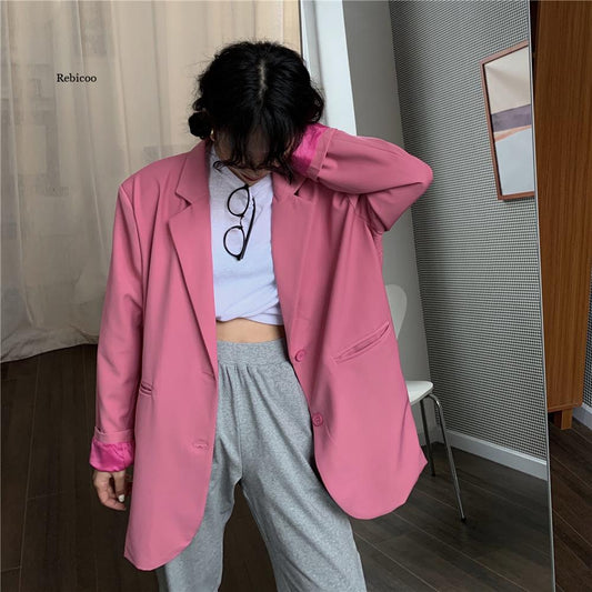 Chic Loose Light Pink Women Blazer Spring Summer Single Buttons Female Oversize