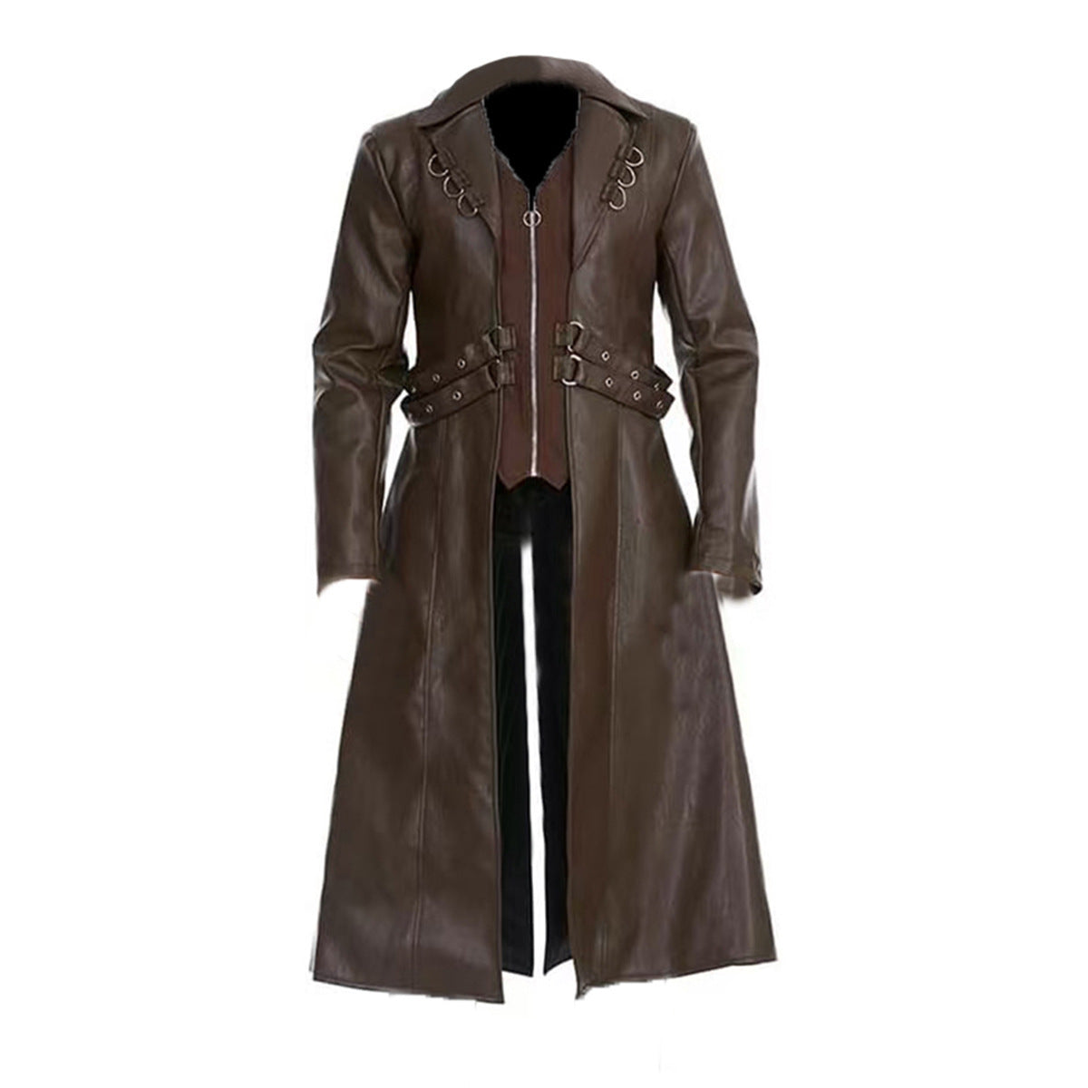 2025 New Steampunk Gothic Mid Length PU Leather Trench Coat Men's Dark Brown Blac