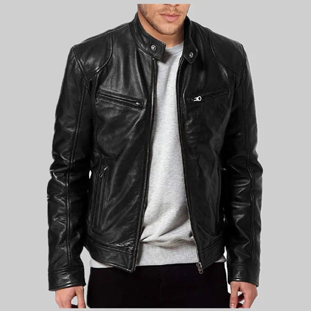 2024 Spring Men's Fashion Leather Jacket Slim Fit Stand Collar PU Jacket Male An