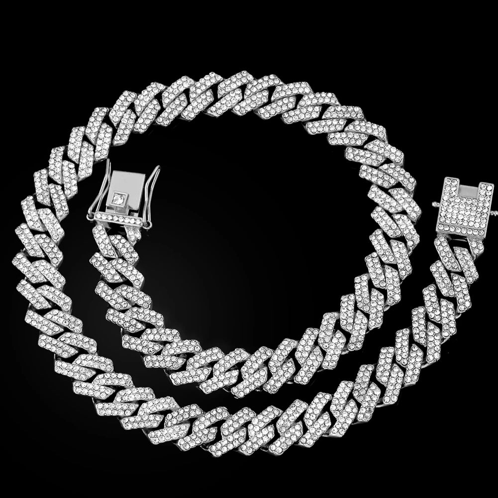 20-Inch Double-Drain Cuban Chain Unisex Ice-Frozen Edition Sparkling Diamond-Shaped Hip-Hop Style Cuban Necklace Jewelry