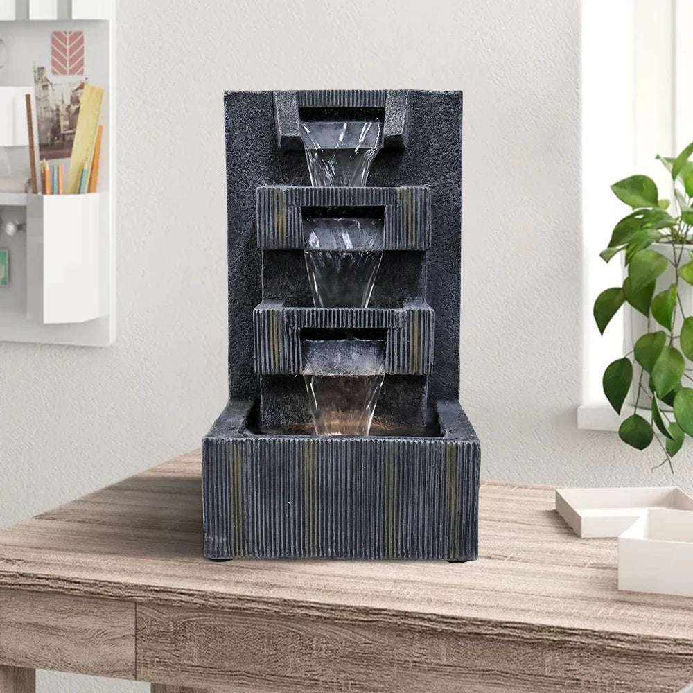 15.7" Tall Tabletop Fountain With Led Lights 4 Tier Indoor Zen Relaxation Cascading Waterfall Fountain For Office And Home Decor