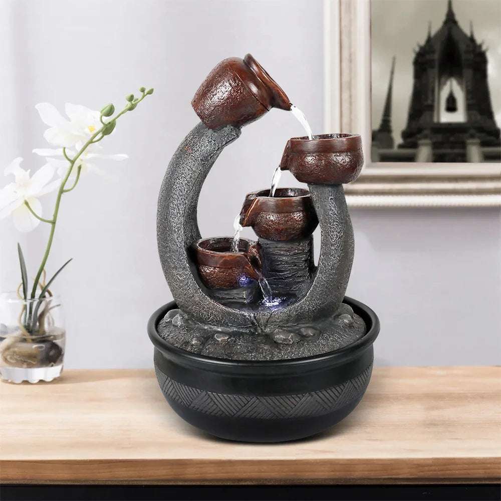 15.7 " High Indoor 4 Tier Bowl Rock Relaxing Tabletop Fountain Waterfall with LED Light for Home Office Interior Space Decor