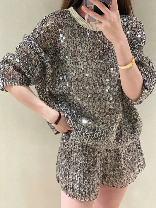 High-End 25 Spring Summer New Heavy Industry Sequin Vest Overskirt Loose Waist Shorts Loose Long Sleeve Top Four-Piece Set