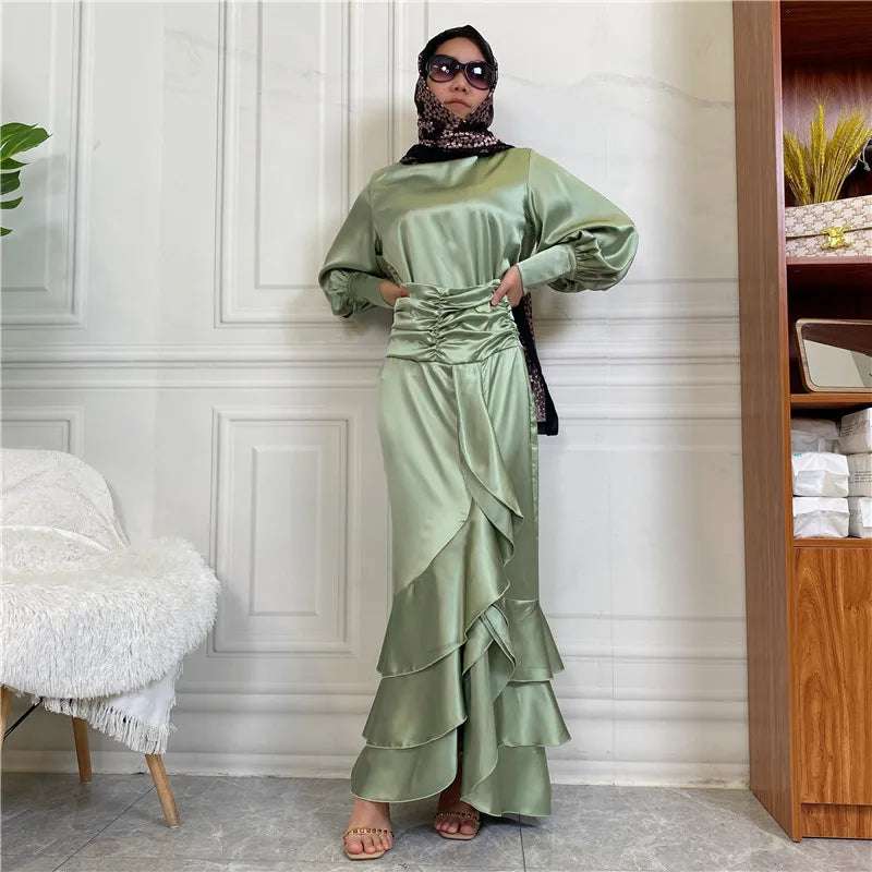 Islamic New Solid Satin/Round Neck Button up Shirt Elegant Long Dress With 3 Plies Pleated Slim Muslim Women's Dress Set Robe
