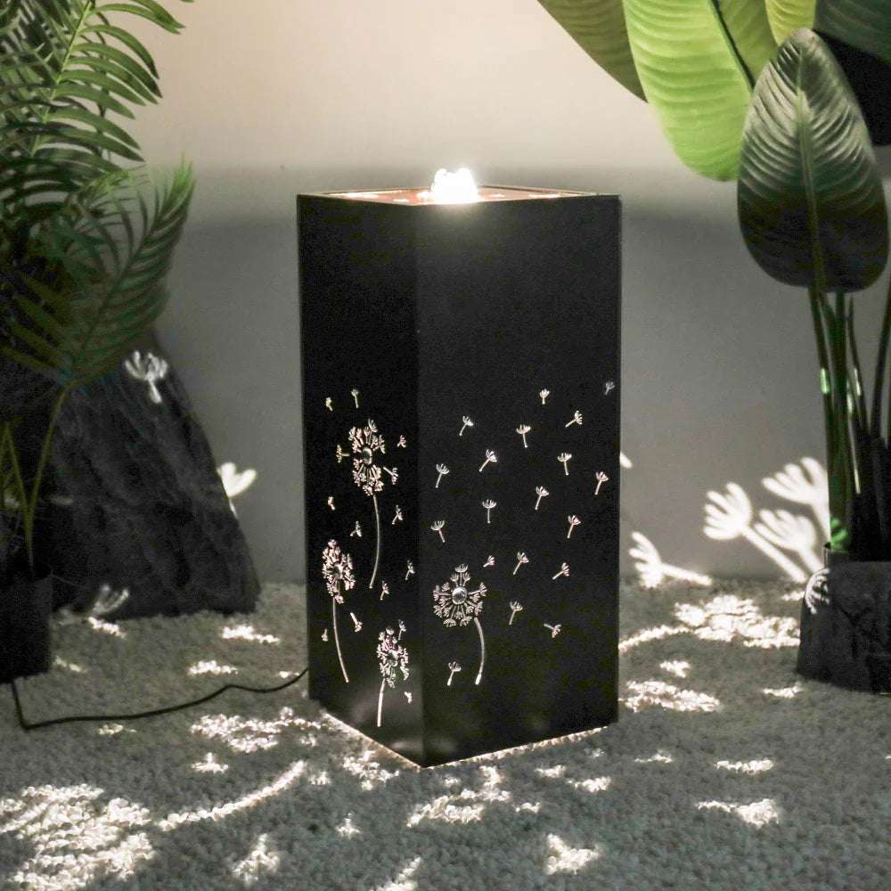 Nature Falls Indoor Fountain With Hollow Dandelion Design, 23.6''Tall Metal Fountain Outdoor Garden Decor With Led Lights, Coffee