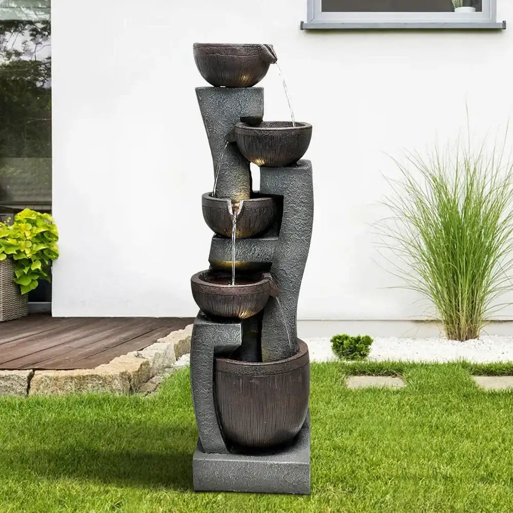 43.7 Inch Indoor/Outdoor Modern Fountain - 5 Tier Garden Cascade Fountain with Lights and Pump - Curved Waterfall for Yard decor