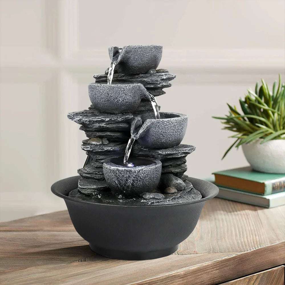 Indoor Tabletop Waterfall Fountain Water Feature Feng Shui Zen with LED Light for Home Office Interior Decoration 10.6 " High