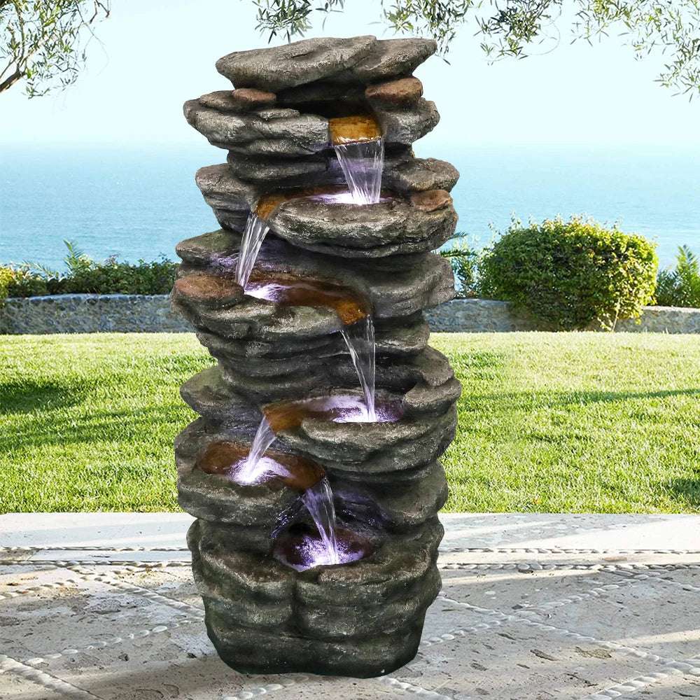 Naturals 40''H 6-Tier Cascading Rock Outdoor Fountain with LED Lights - Large Outdoor Fountain and Waterfall for Garden Decor