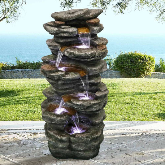 Naturals 40''H 6-Tier Cascading Rock Outdoor Fountain with LED Lights - Large Outdoor Fountain and Waterfall for Garden Decor