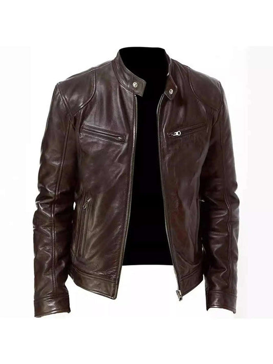 Men's Fashion PU Leather Jacket Classic Zip-Up Faux Leather Coat