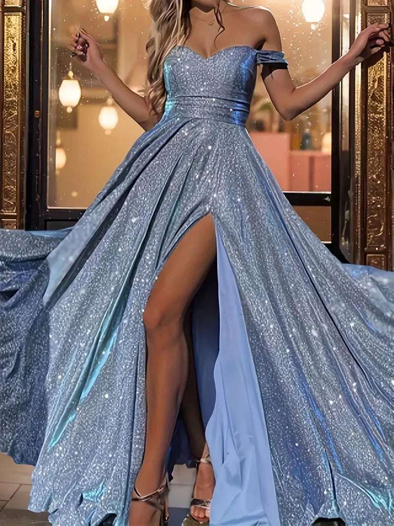 Women Sequin Ball Gown - Off-Shoulder Sparkling Wedding Guest Dress with High-Low Hem, Formal Party Gown