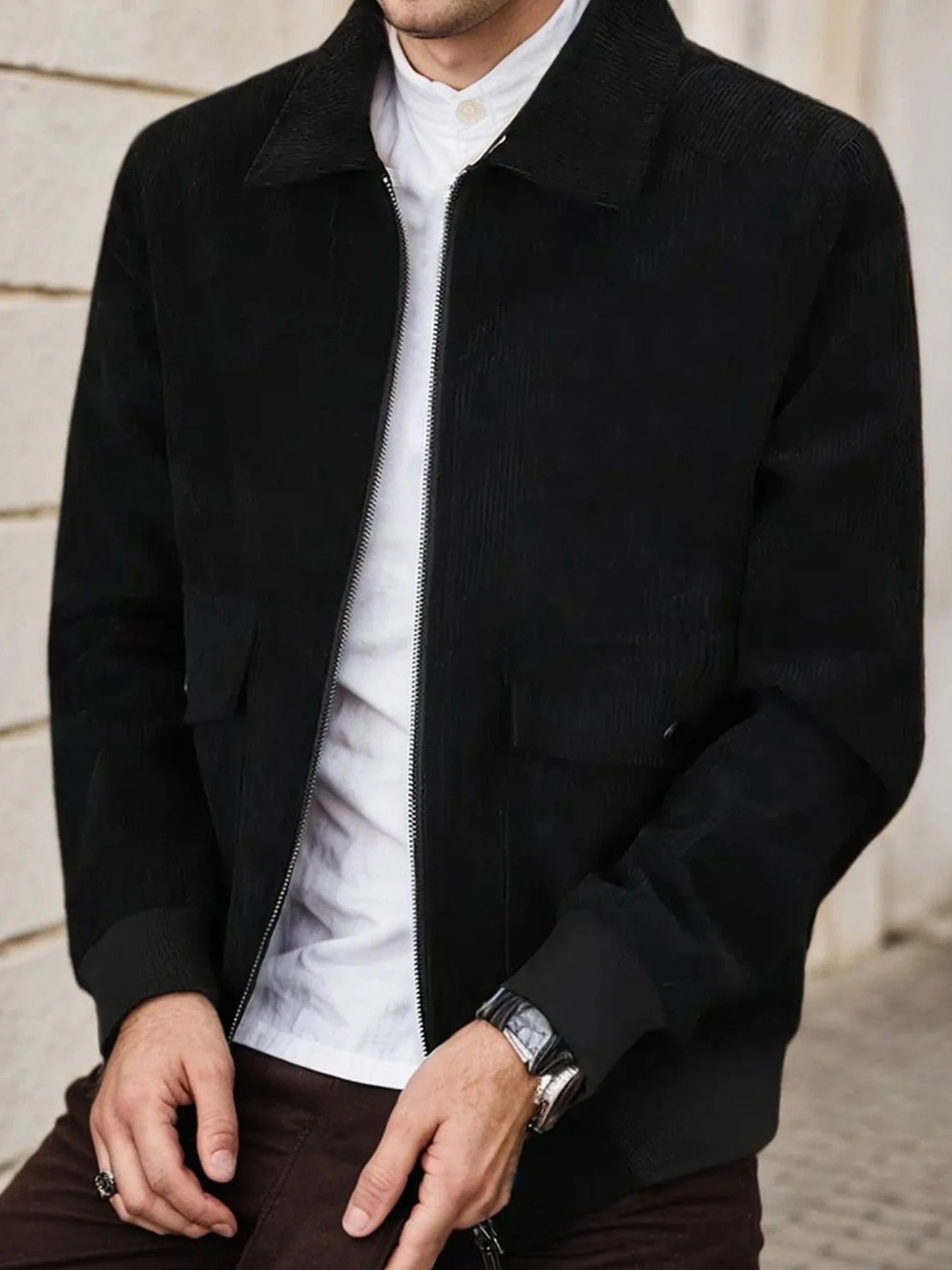 Mens Corduroy Trucker Jacket Long Sleeve Zip Up Lapel Collar Casual Fall Winter Shacket Coat With Pocket