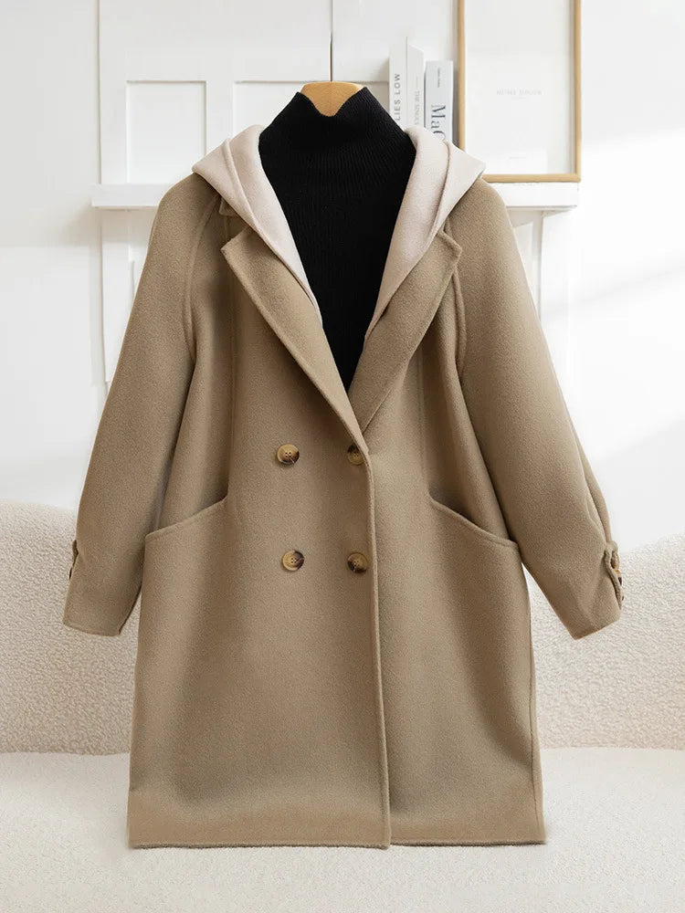 Cashmere Coat Made Of Pure Wool, Korean Style, Long Women Mid-Length Double-Sided Non-Stretch Fabric, Loose Fit