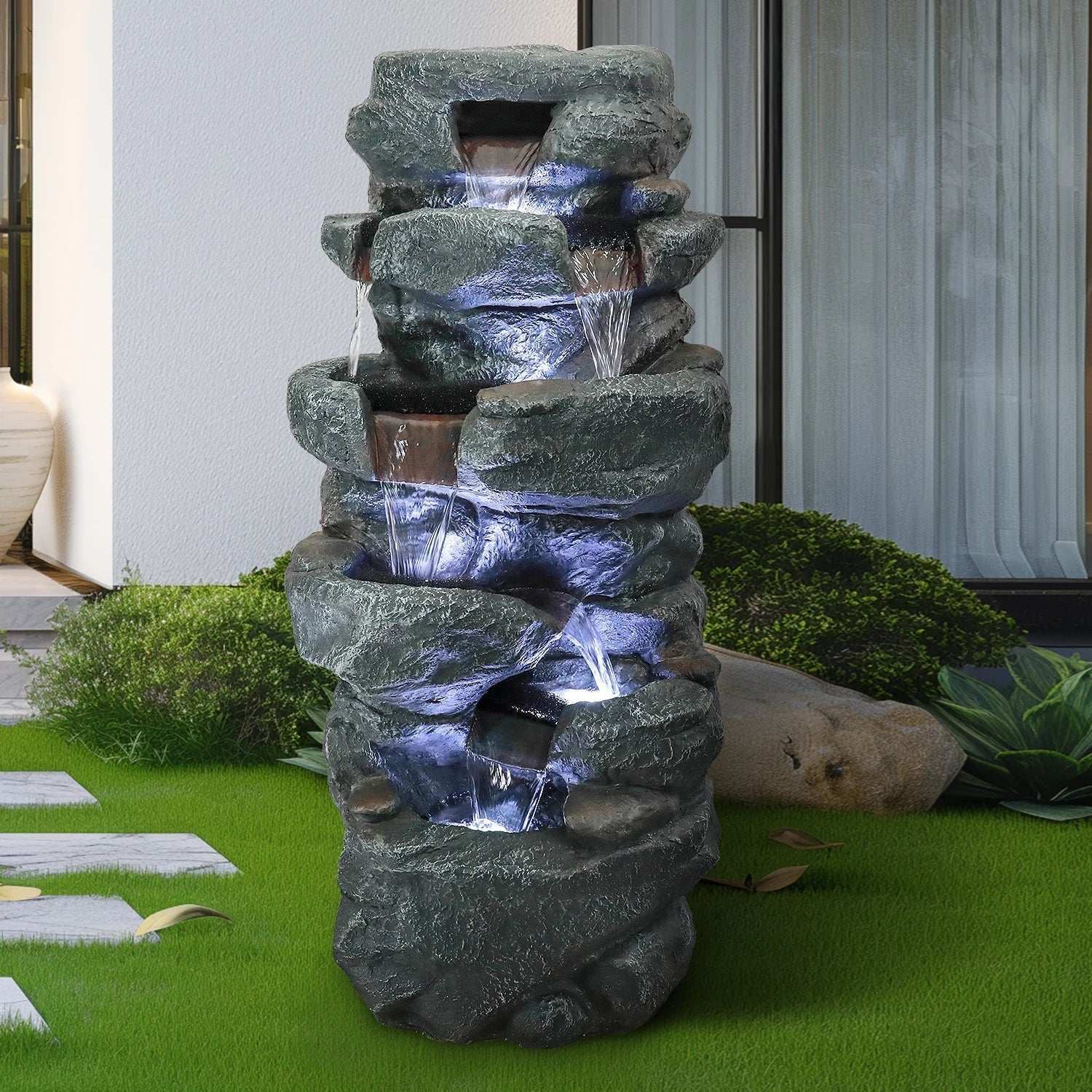 40.5'' High Concrete Classical Fountain 5 Tiers Indoor/Outdoor Fountain Built-in LED Lights for Home Garden Backyard Decoration