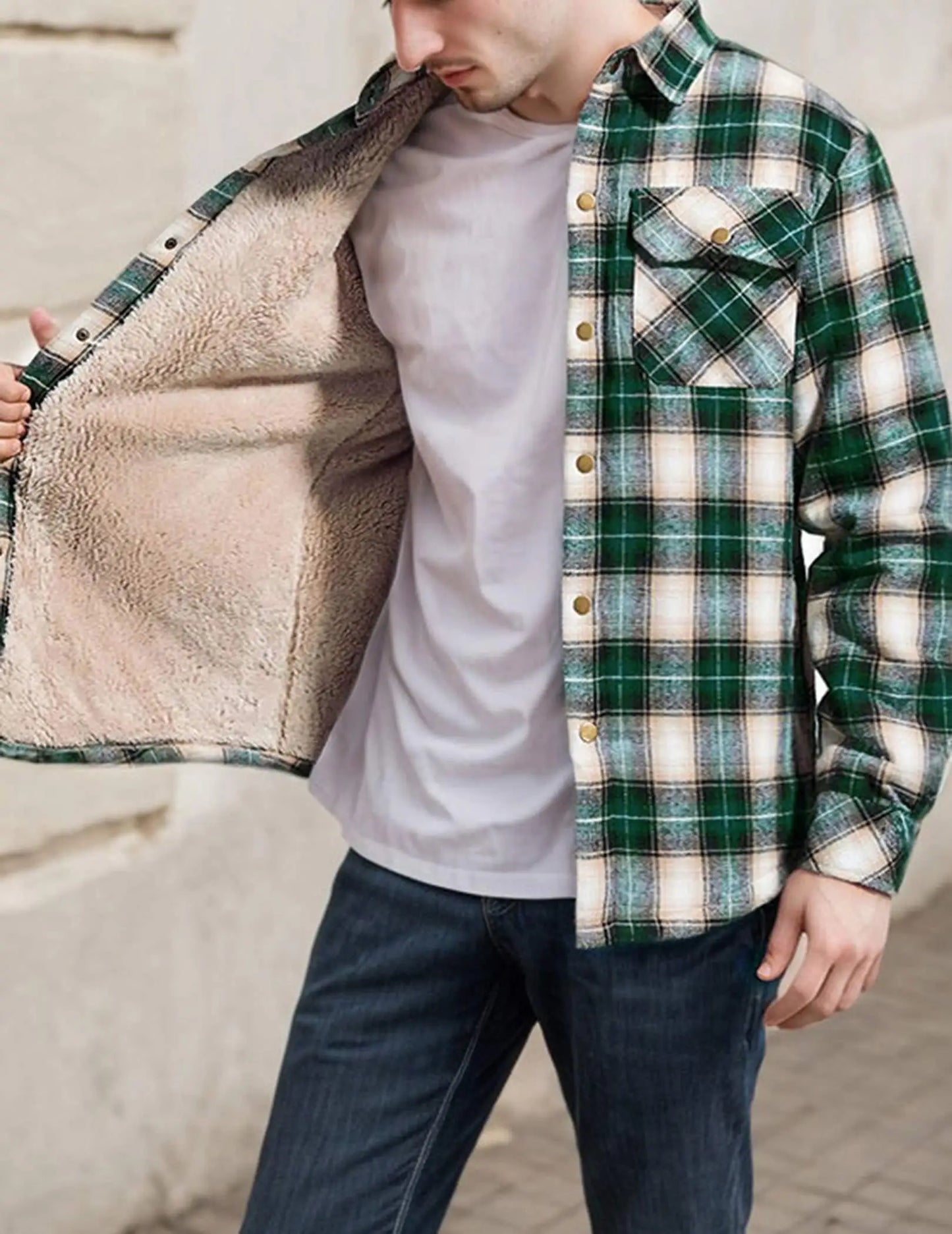 Men'sherpa Lined Pocket Check Button Jacket