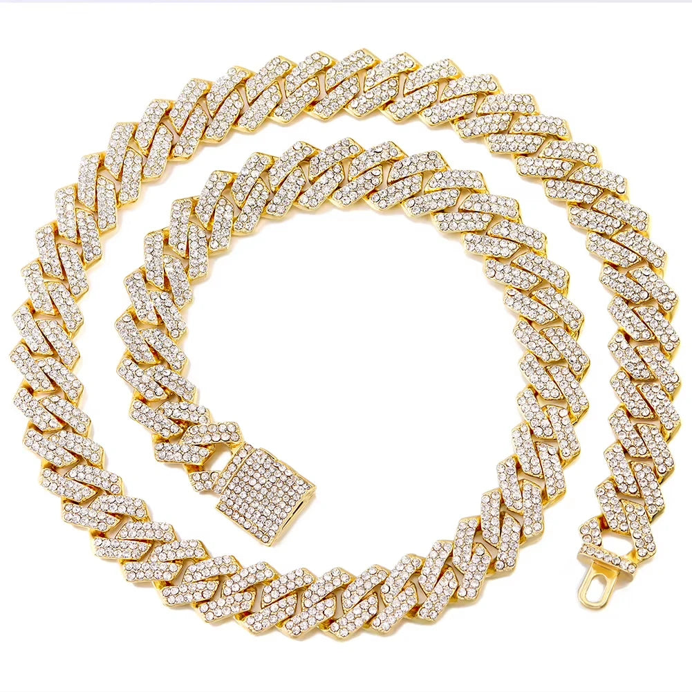 14Mm Hip Hop Cuban Link Chain For Men Silver Color Iced Out Rhinestone Miami Necklace Choker For WoMen With Neck Chain Jewelry