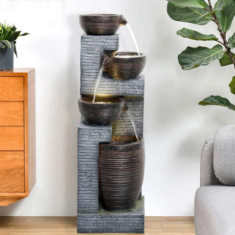 Naturals Indoor/Outdoor Cascading 4 Bowl Fountain Waterfall - 40.1 '' Garden Fountain With Warming Lights For Home, Yard Decor