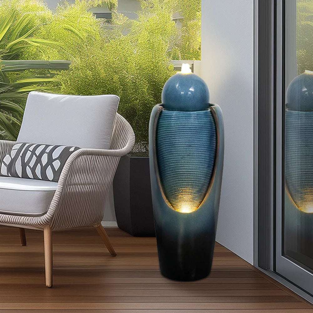30.7 ''H Indoor Modern Floor Standing Vase Fountain With Led Light And Water Pump, Blue Resin For Garden, Patio, Home Decoration