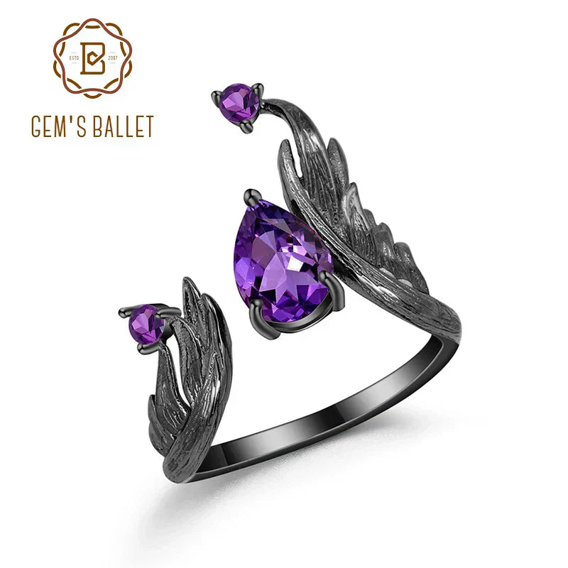 GEM'S BALLET 1.43Ct Natural Amethyst Gemstone Rings 925 Sterling Silver Handmade Adjustable Angel's Wing Ring for Women Bijoux