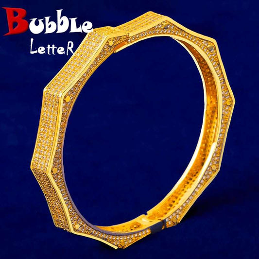 Bubble Letter Iced Irregular Polygon Bangle Real Gold Plated Men Hip Hop Jewelry