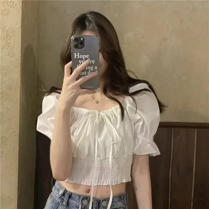 Off Shoulder Lace Up Bow Crop Top Blouse Womenummer Shirring Puff Short Sleeve Female Shirts Sweet Ruffle Tunic Korean Fashion