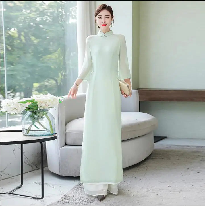 Summer Traditional Vietnam Ao dai Chiffon Chinese Cheongsam Mint green Women Oriental Chipao Dress