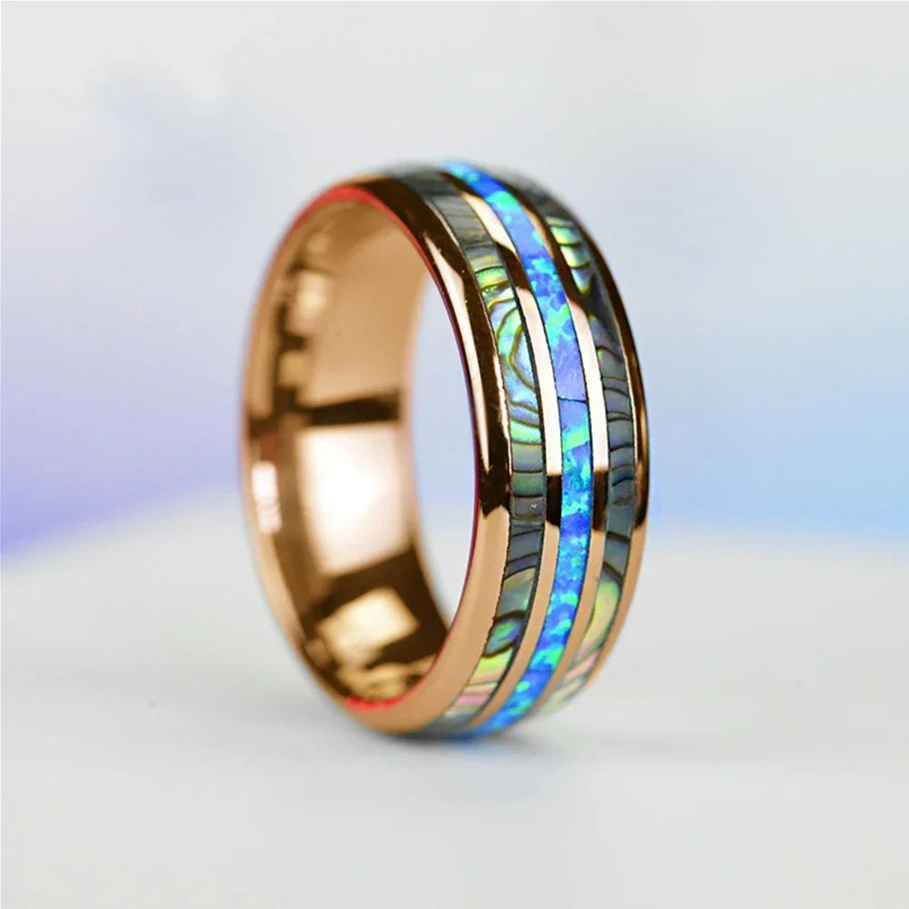 Fashion 8mm Rose Gold Color Tungsten Wedding Mentainless Steel Rings Inlay Abalone Shell Blue Opal Rings Men Wedding Jewelry