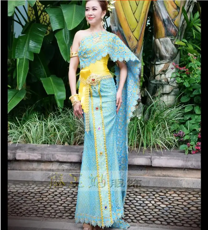 Thailand Traditional Clothing Blue Thai Wedding Dress Lace Princess Dai Vintage Stage Suit