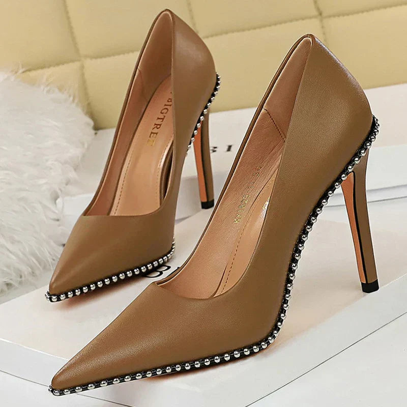 BIGTREE Shoes Rivets String Bead Women Pumps Pu Leather Shoes High Heels Women Office Shoes Stiletto Ladies Plus Size 43